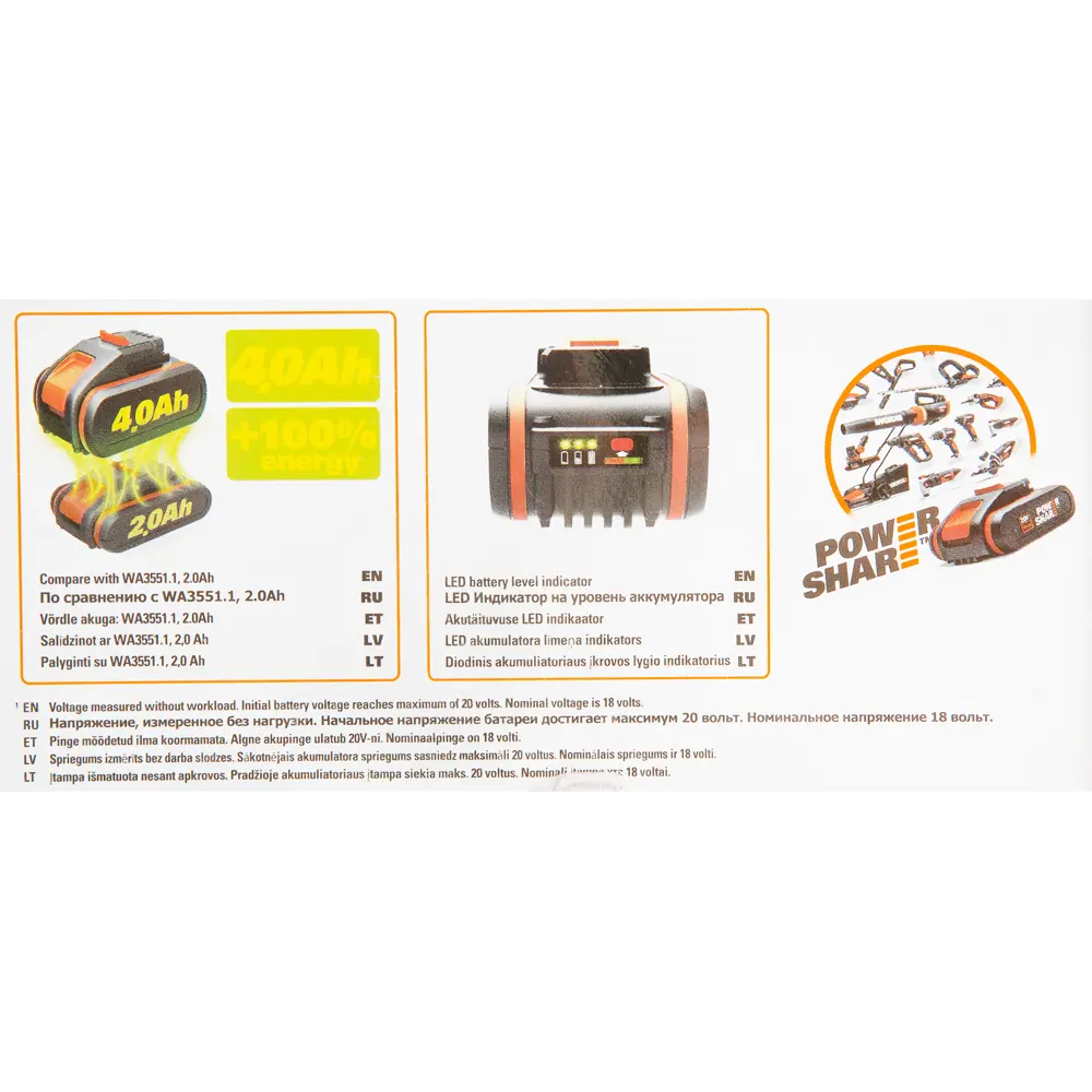Фото 3 Аккумулятор Worx WA3553, 4Ач, 20 В