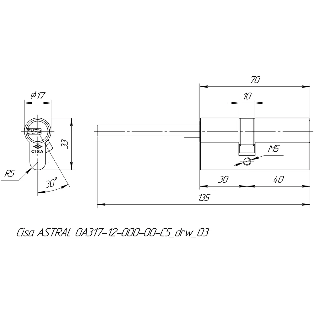 Фото 5 Цилиндр Cisa Astral ОА317-12.00, 35x10x25 мм, ключ/шток, цвет латунь, без вертушки