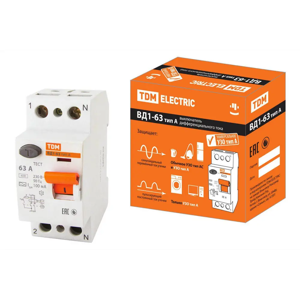 Фото УЗО TDM ELECTRIC SQ0203-0081 63 А 400 В 2 модуля