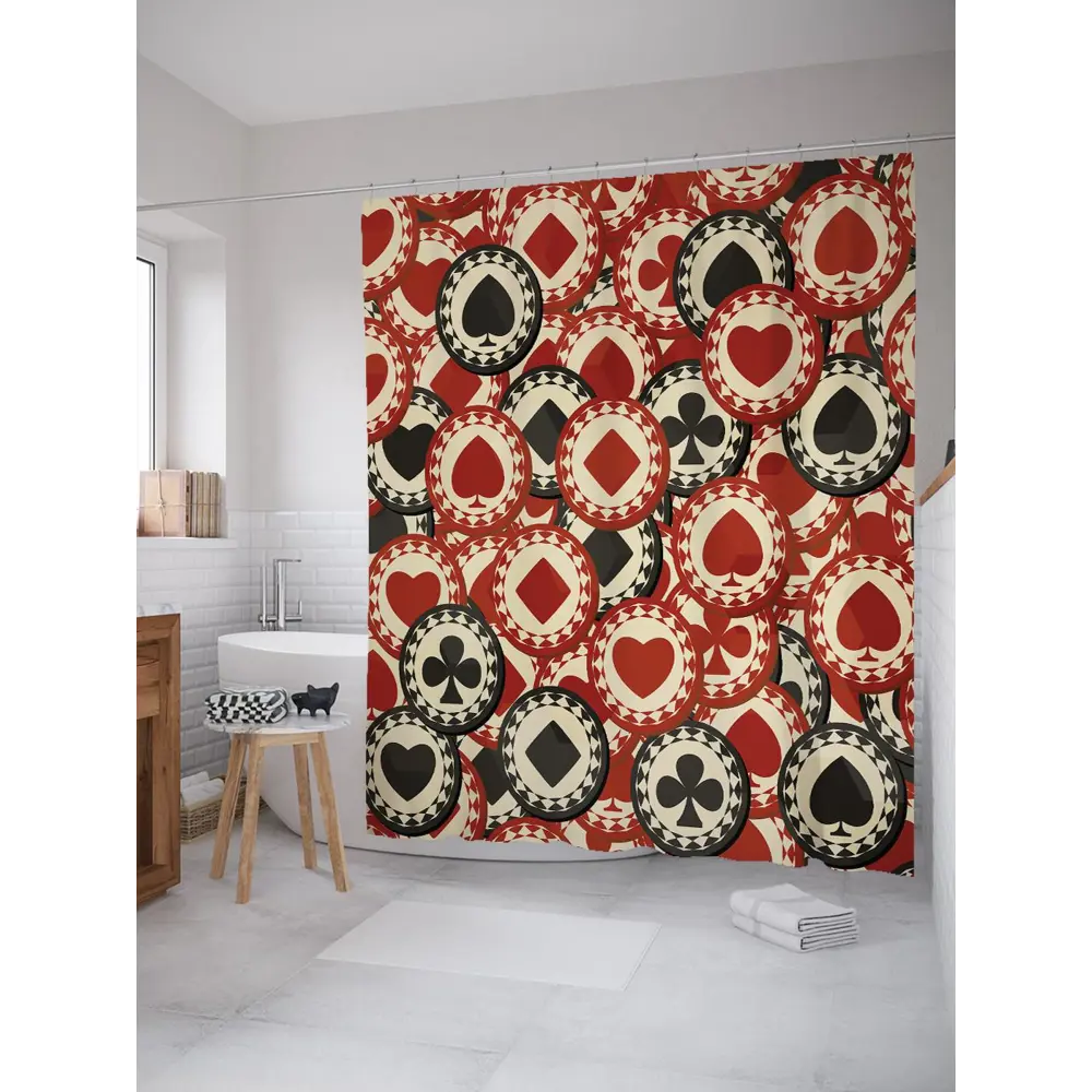 Фото Штора для ванной JoyArty Игровые фишки из ткани, 180x200 см с крючками