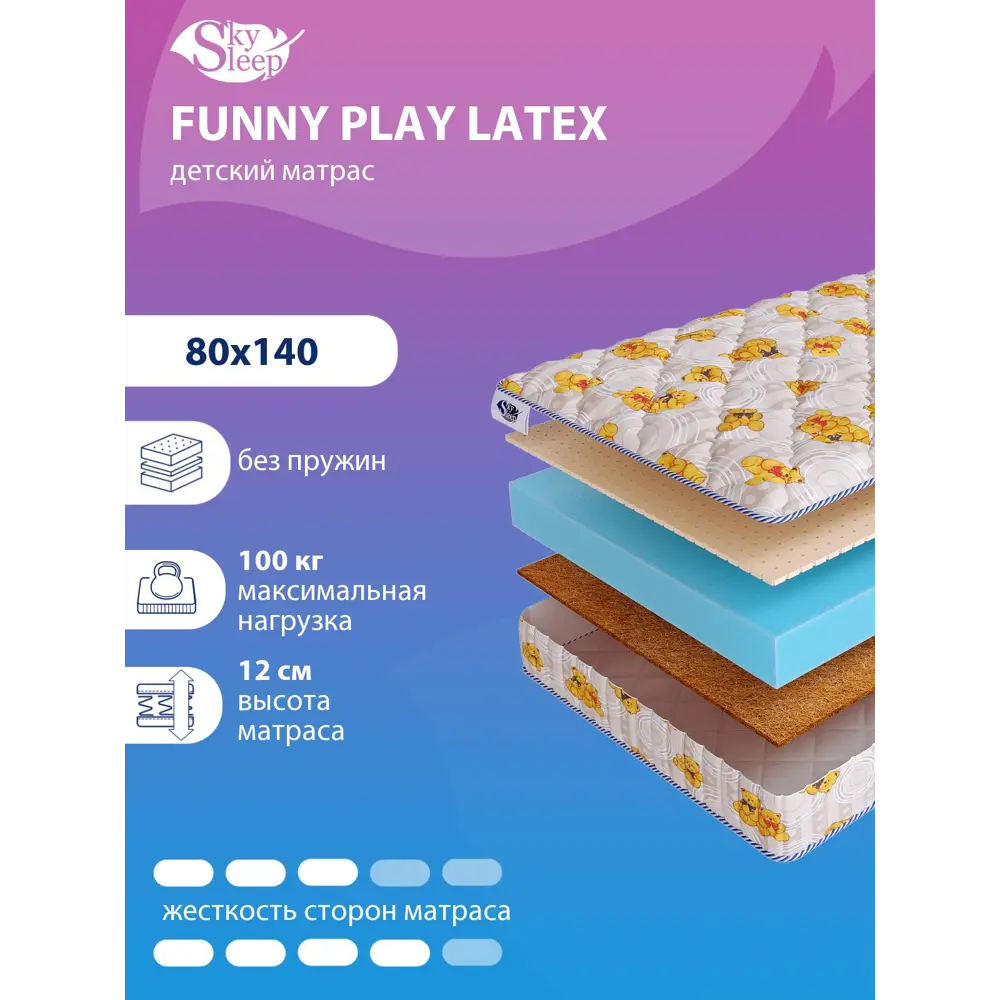 Фото Матрас SkySleep Funny Play Latex 80x140 см беспружинный, односпальный, ортопедический, латексный, кокосовый