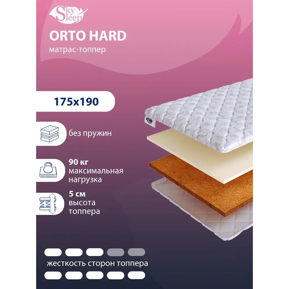 Фото Топпер SkySleep Orto Hard на матрас 175x190 см, беспружинный, жесткость: жесткая, средняя, двуспальный, ортопедический, кокосовый Фото Топпер SkySleep Orto Hard на матрас 175x190 см, беспружинный, жесткость: жесткая, средняя, двуспальный, ортопедический, кокосовый