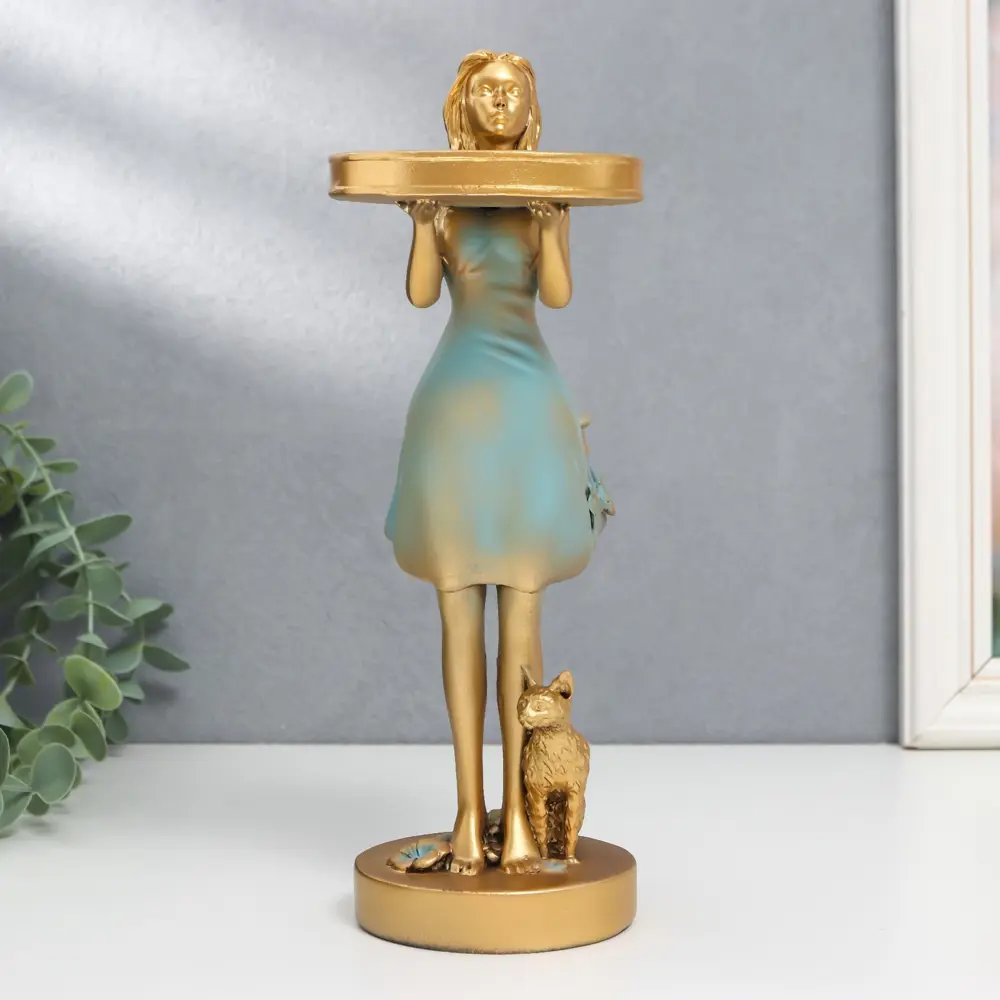 Фото 2 Подсвечник Simaland "Девушка с котом" d- 5 см, голубой с золотом 8.2x14x25.5 см