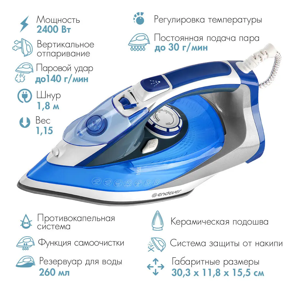 Фото 10 Утюг Endever Delta-217 цвет серый/голубой