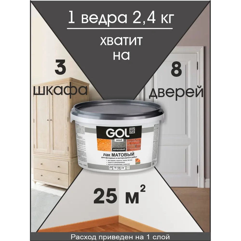 Фото 11 Лак интерьерный Golwood Wd.293 матовый по дереву морозостойкий 2.4 кг