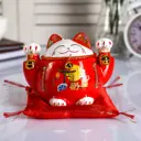 Копилка "Кот манэки-нэко красный с колокольчиками" 10.5x13.5x9 см