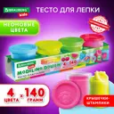 Пластилин-тесто для лепки Brauberg Kids 106716, 4 цвета, 560 г, яркие неоновые цвета, крышки-штампики