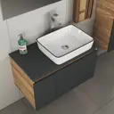 Комплект тумба под раковину BAUEDGE 80 см подвесная и раковиной Hotel Black Rand со смесителем BD2221 цвет темно-серый бежевый