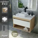 Комплект Teymi 3 в 1: Тумба Ritta 65 дуб эврика/белый матовый + раковина Helmi Mini 24 накладная + смеситель Helmi Pro высокий черный матовый F03829