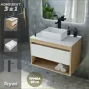 Комплект Teymi 3 в 1: Тумба Ritta 65 дуб эврика/белый матовый + раковина Helmi Mini 38 накладная + смеситель Helmi Pro высокий черный матовый F03835