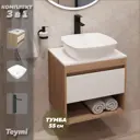 Комплект Teymi 3 в 1: Тумба Ritta 55 дуб эврика/белый матовый + раковина Kati 43 накладная + смеситель Helmi Pro высокий черный матовый F03577