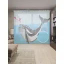 Тюль на шторной ленте Птица и кит 310х265 см рисунок природный цвет голубой