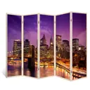Ширма перегородка для комнаты деревянная "Нью-Йорк Даунтаун" двухсторонняя с картинкой (города) 5 створок кремовый дуб 176х230 см 18 кг