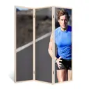 Ширма перегородка для комнаты деревянная "Бег" двухсторонняя с картинкой (спорт) 3 створки кремовый дуб 176х140 см 11 кг