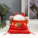 Копилка "Красный кот Манэки-нэко с колокольчиками" 11.5x11.5x9.5 см