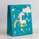 Пакет подарочный (S) "Unicorn and clouds" green 18x23x10 см