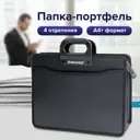 Папка/сумка/портфель для документов канцелярская с ручками пластиковая формата А4+ (390x320x120мм), 4 отделения, черная Brauberg 221391