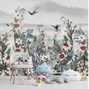 Фотообои флизелиновые Dekor vinil 300x260 см Цветы, птицы и бабочки на сером фоне