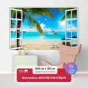 Фотообои флизелиновые Первое ателье 200x125 см Пляж с пальмами в открытом окне pw141422-2