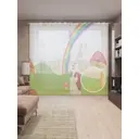 Тюль Joyarty на шторной ленте Заяц с рюкзаком у радуги 310x265 см цвет зеленый