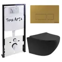 Комплект инсталляция и безободковый унитазом TONI ARTI TA-01+TA-1900BM+TA-0043Russi с клавишей Noche с сиденьем с микролифтом, черный матовый