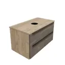 Комплект Teymi 3 в 1: Тумба Helmi 85 F08789 серый камень/дуб + раковина Helmi Mini 38 накладная + смеситель Kati высокий, черный матовый F08789