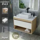 Комплект Teymi 3 в 1: Тумба Ritta 65 дуб эврика/белый матовый + раковина Helmi Mini 38 накладная + смеситель Kati высокий черный матовый F03839