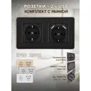 Розетка двойная с USB встраиваемая с рамкой Arte milano SET16-2-47-1-40-1.black с заземлением и шторками цвет черный