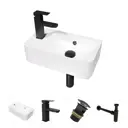 Комплект Teymi 4 в 1: раковина Hanna 45 левая смеситель Helmi Pro, черный донный клапан с переливом сифон F13131