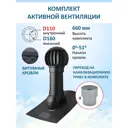 Комплект кровельной вентиляции Polivent (Нанодефлектор ⌀160мм/Вентиляционный выход 500мм с переходом ⌀110мм/Проходной элемент) для битумной кровли RAL 9005 чёрный