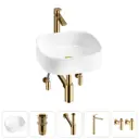 Раковина накладная для ванной Lavinia Boho Bathroom Sink 42x42 20215458R с донным клапаном, сифоном, смесителем и вентилями цвет золото