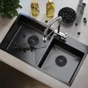 Кухонная мойка из нержавеющей стали TROPFBERG 72х40 двухчашевая с сифоном черный графит