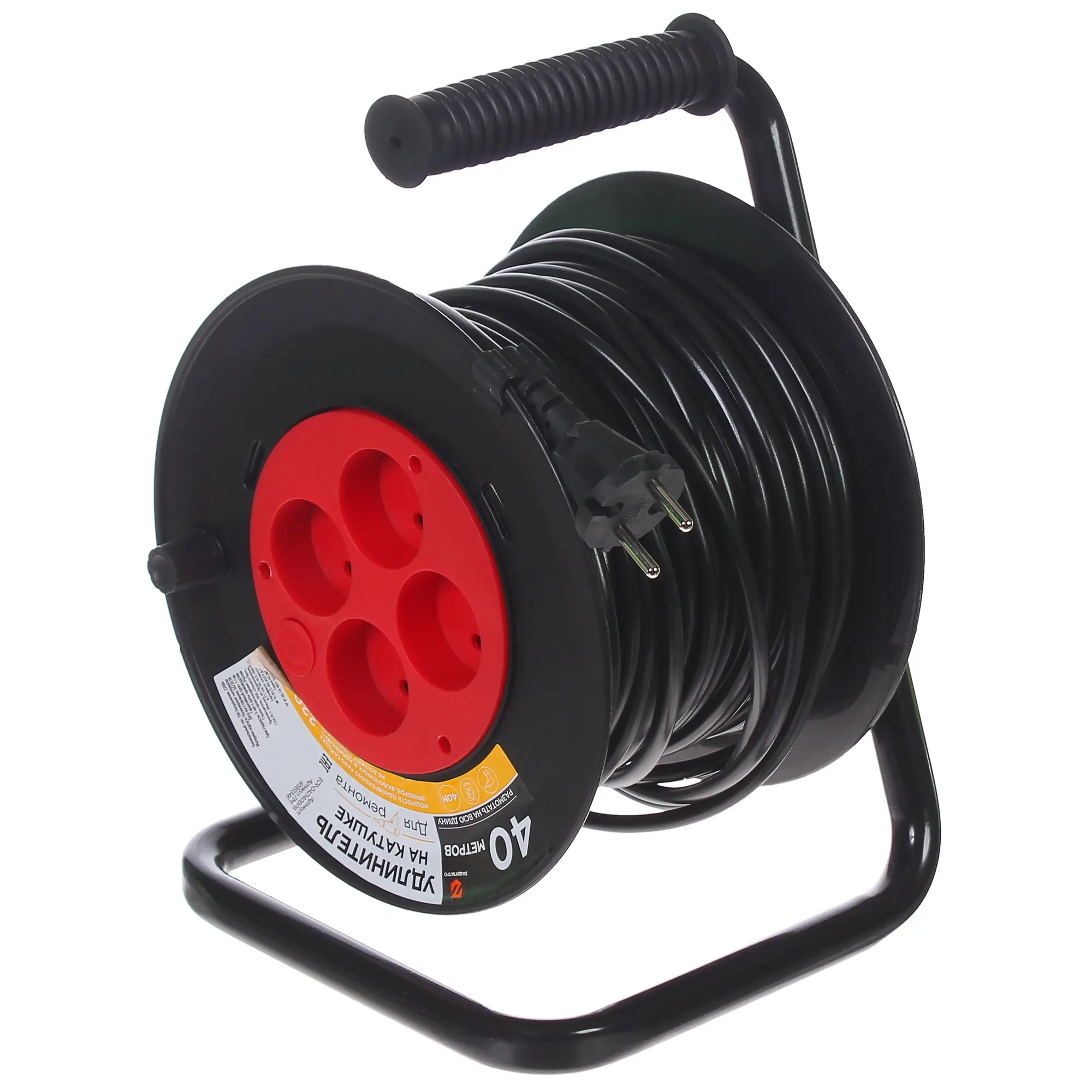 Изображение товара Удлинитель на катушке Защита Про 40 м 4 розетки без заземления черный/красный