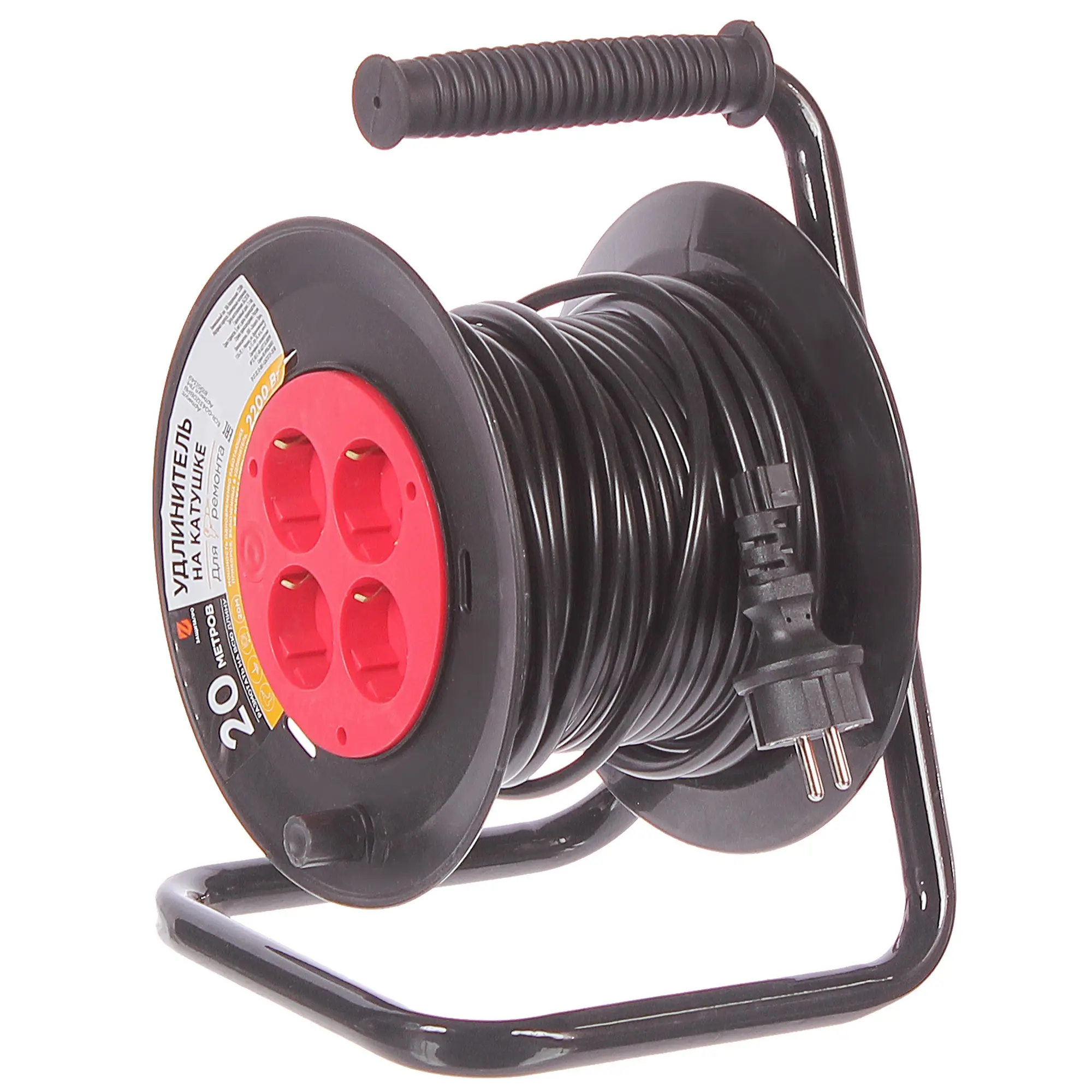 Изображение товара Удлинитель на катушке Защита Про 4 розетки заземление 20 м черный/красный