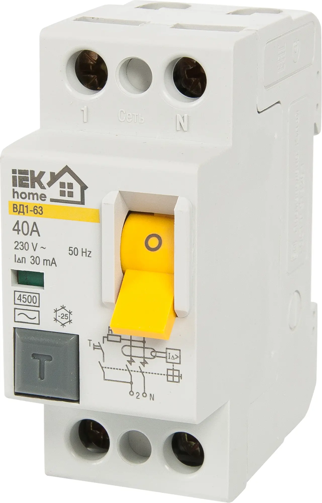 Изображение товара УЗО IEK Home ВД1-63 1P N 40 А 30 мА 4.5 кА