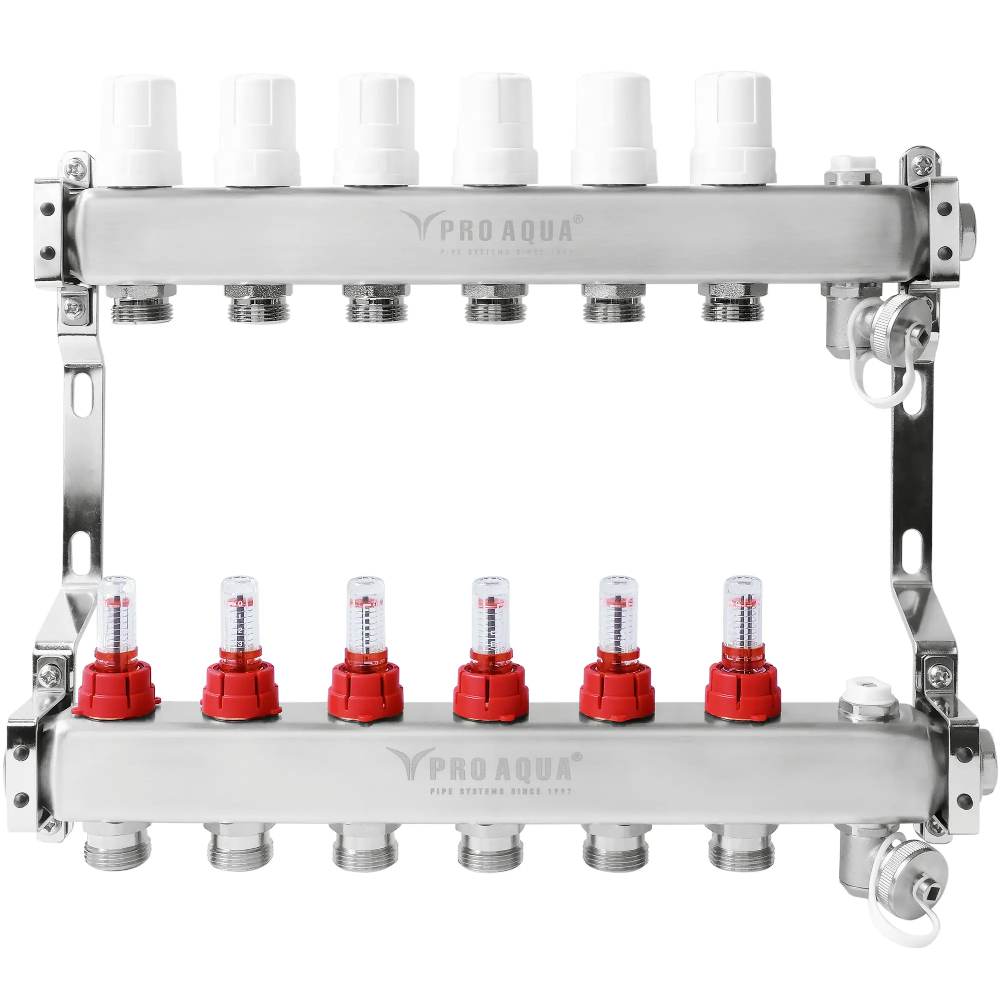 Изображение товара Коллекторная группа с расходомерами для теплого пола PRO AQUA 6-отводов 1x3/4" нержавейка Россия