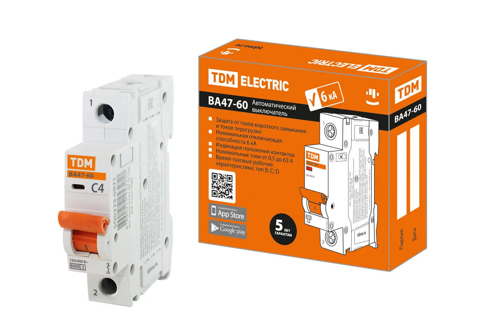Изображение товара Автоматический выключатель Tdm Electric ВА47-60 1P C4 А 6 кА SQ0223-0071