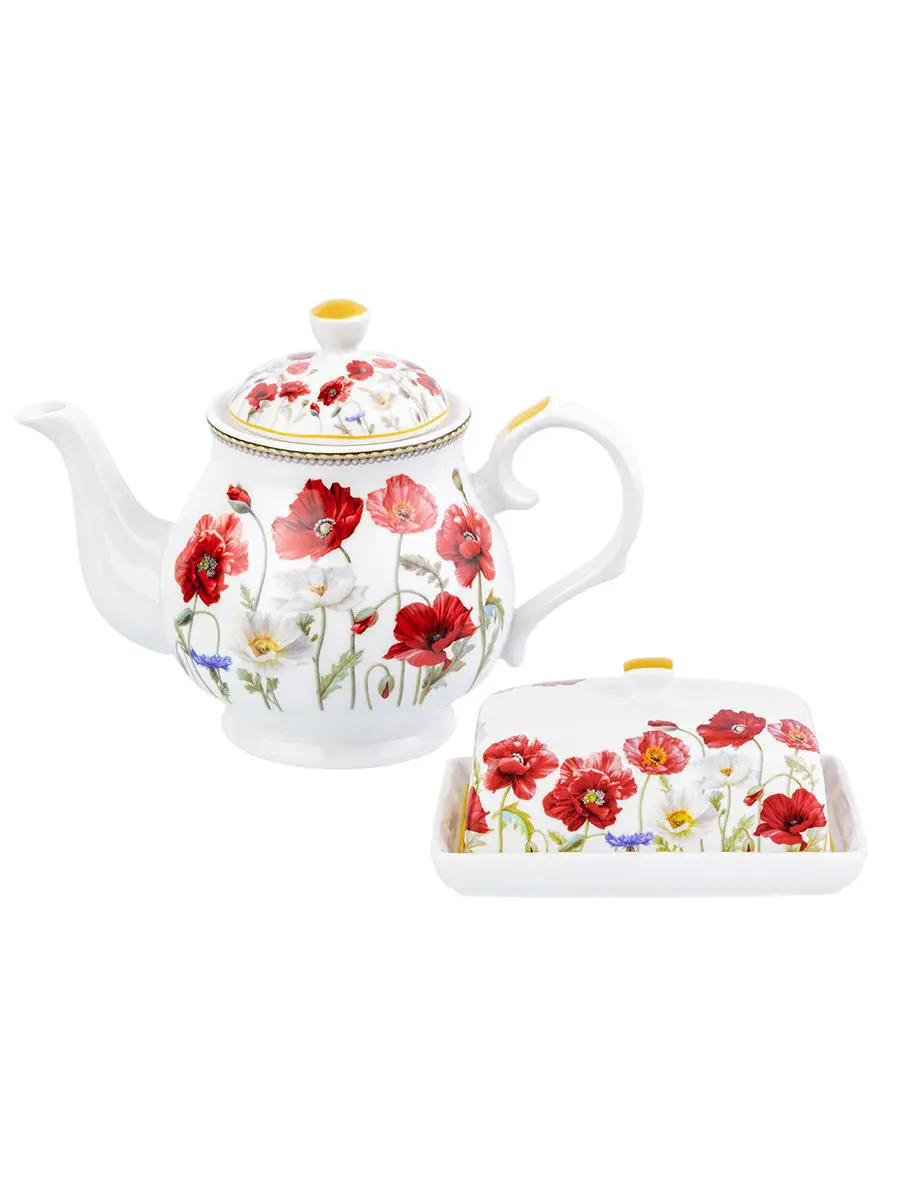 Изображение товара Масленка и чайник серии Маки из фарфора ELAN GALLERY, 2 предмета