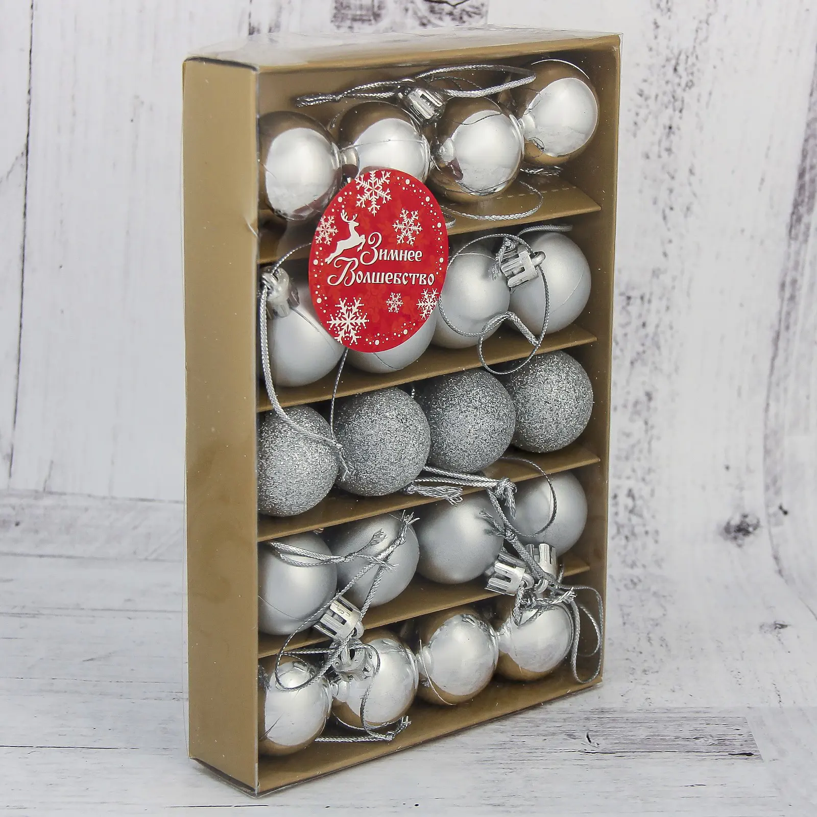 Изображение товара Набор елочных шаров Зимнее волшебство 3259646 3 см пластик серый/серебристый 20 шт