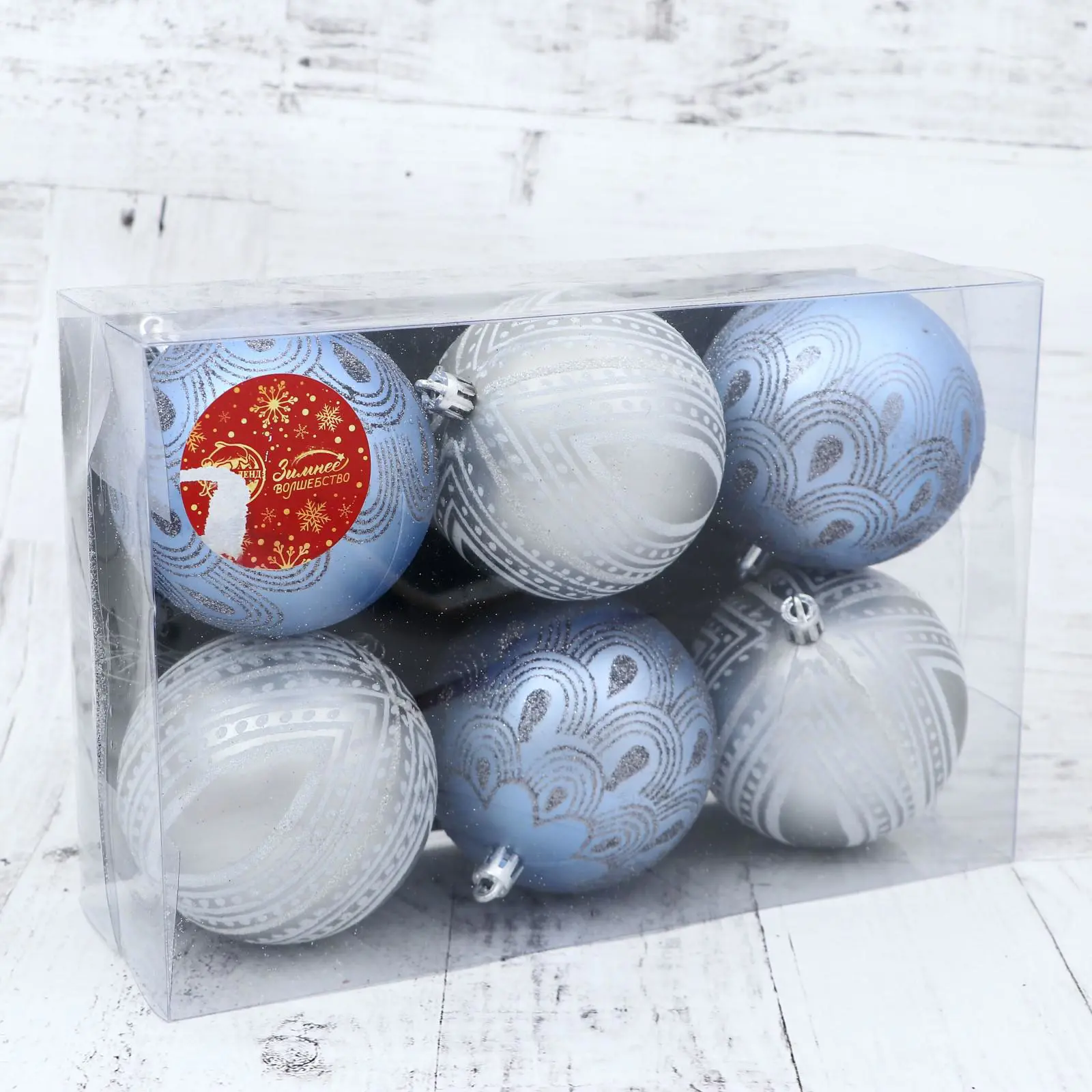Изображение товара Набор елочных шаров Зимнее волшебство 4942025 8 см пластик серый/серебристый 6 шт
