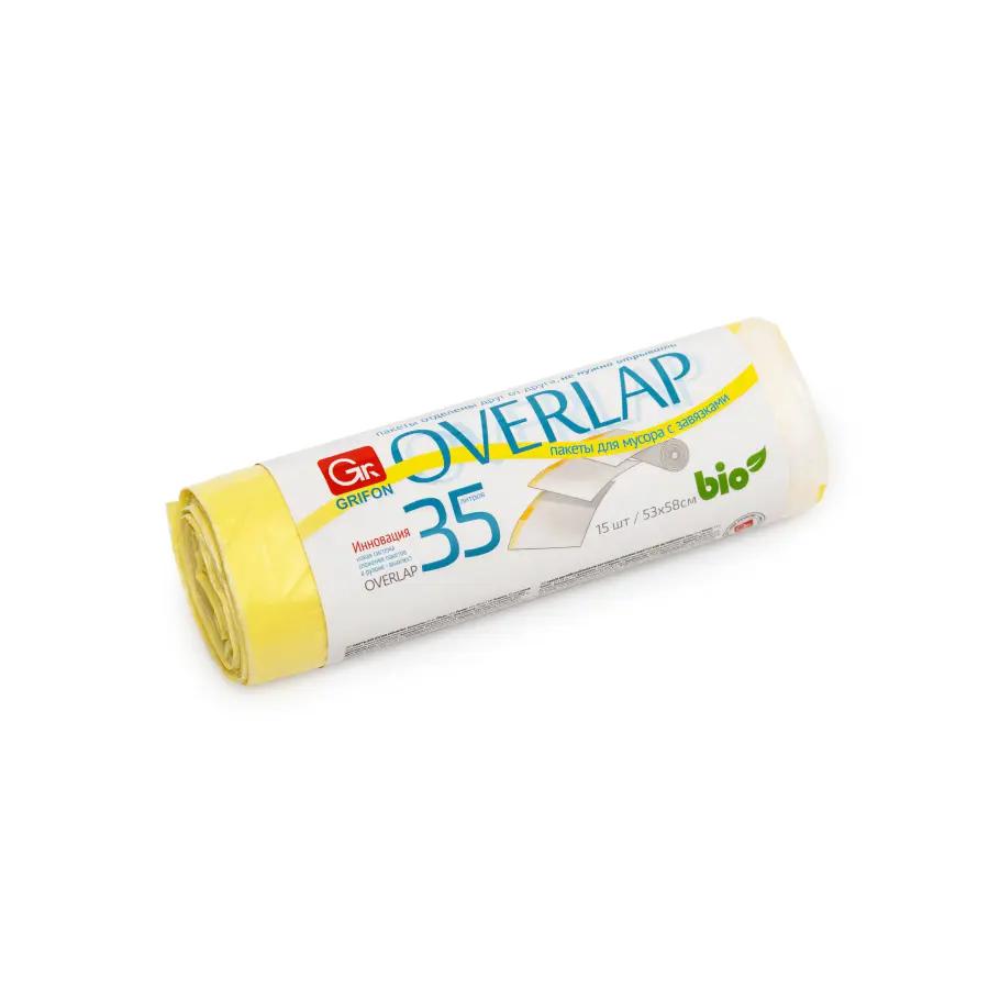 Изображение товара Пакеты для мусора Grifon Bio с завязками особо прочные Overlab 35 л, 53 × 56 см, 15 шт. в рулоне