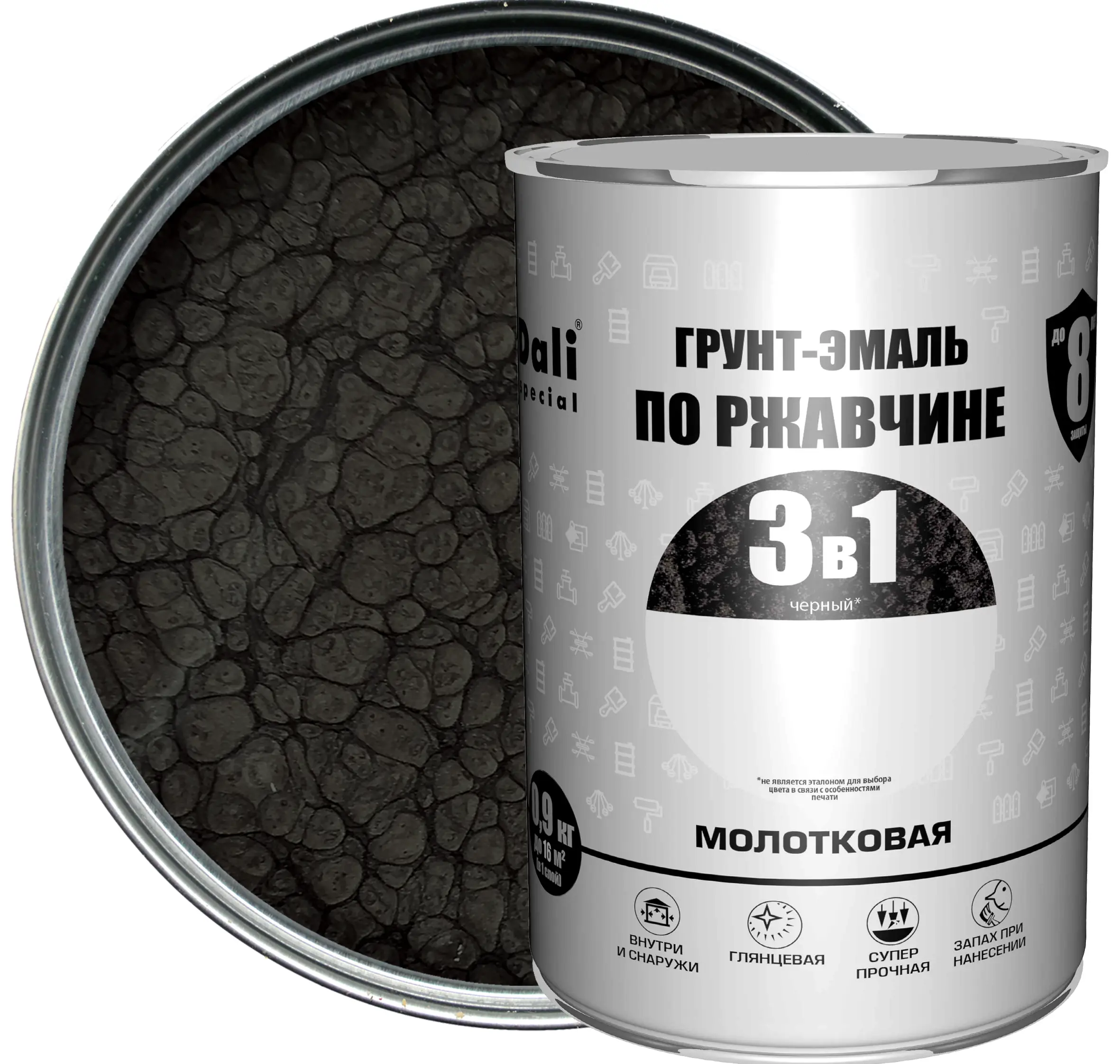 Изображение товара Грунт-эмаль по ржавчине 3 в 1 Dali Special молотковая 0.9 кг Черный