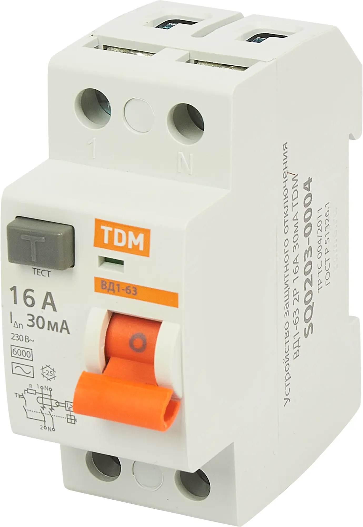 Изображение товара УЗО Tdm Electric ВД1-63 2P 16 A 30 мА 4.5 кА AC SQ0203-0004