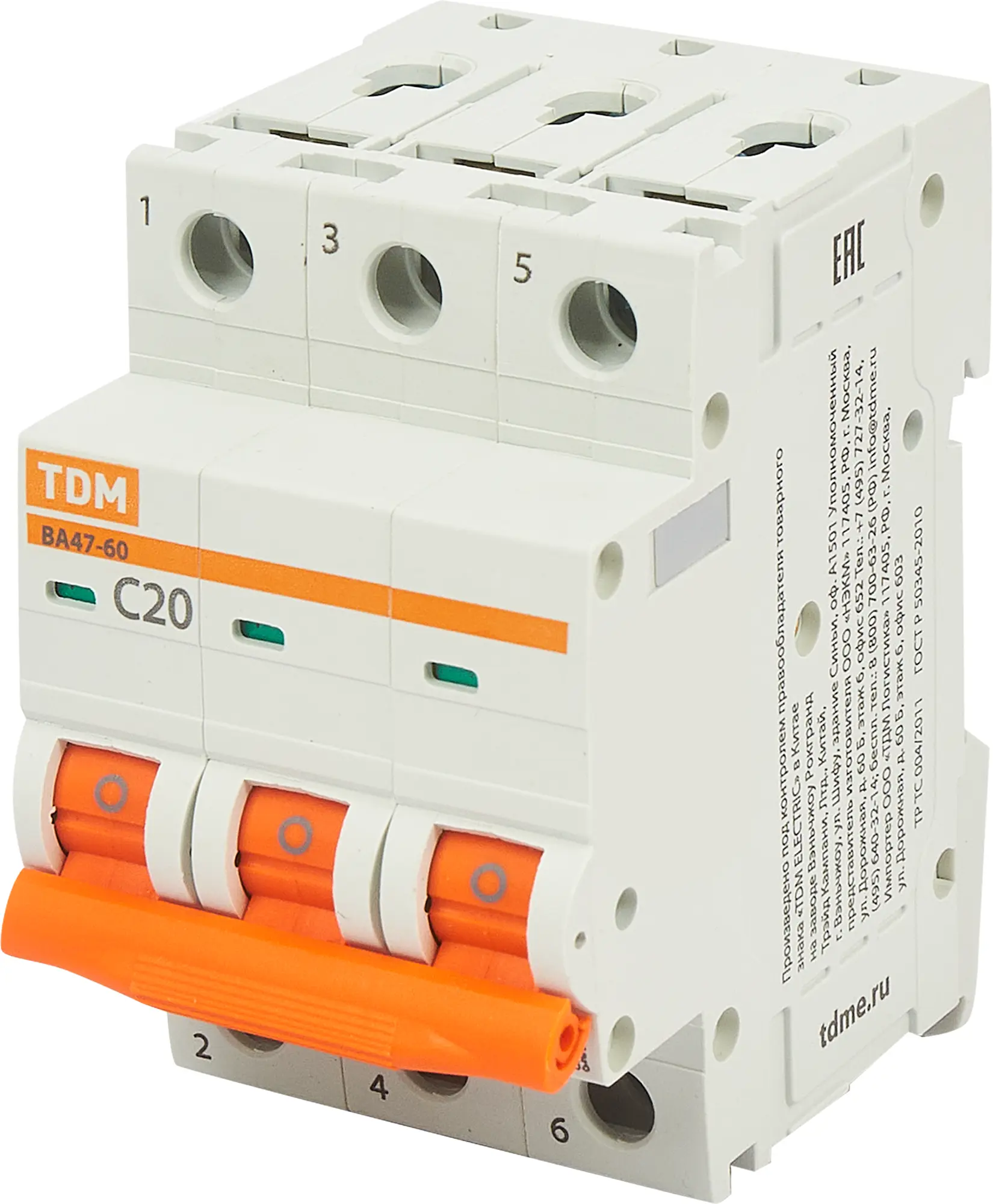 Изображение товара Автоматический выключатель TDM Electric ВА47-60 3P C20 А 6 кА SQ0223-0110