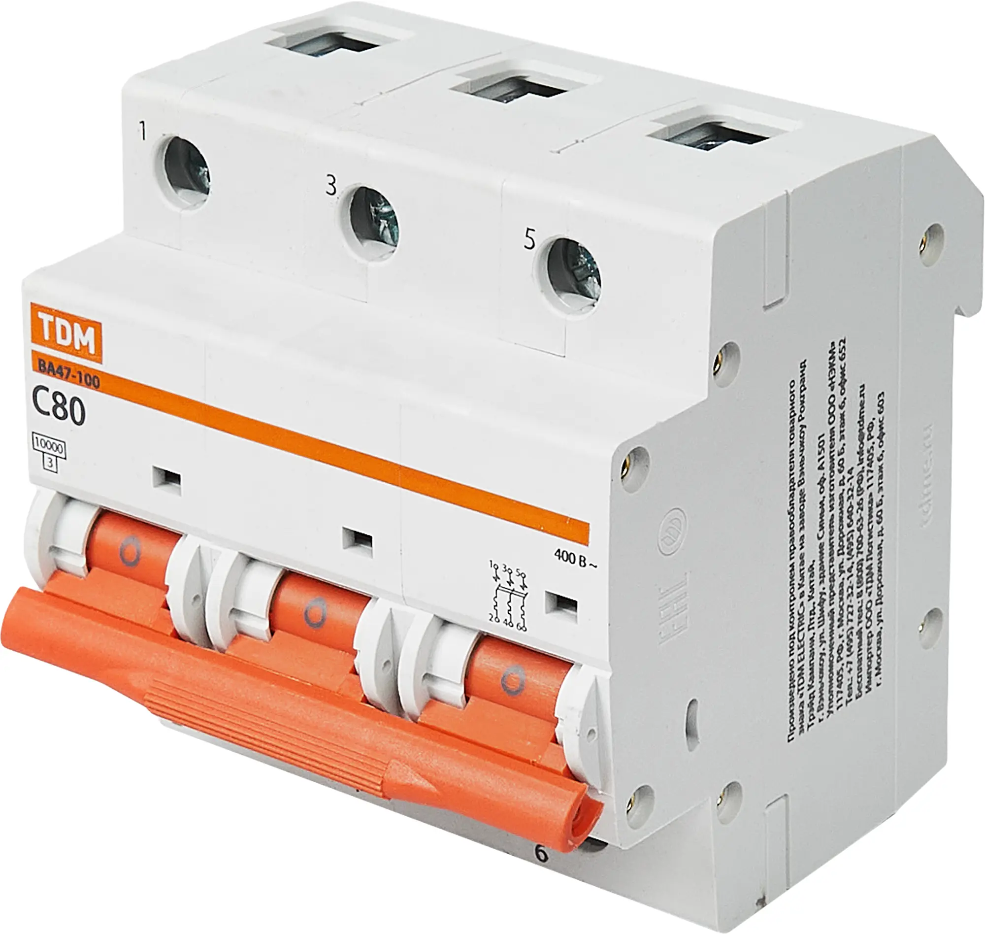 Изображение товара Автоматический выключатель ВА47-100 3P, 80А, 10кА, TDM Electric, Китай
