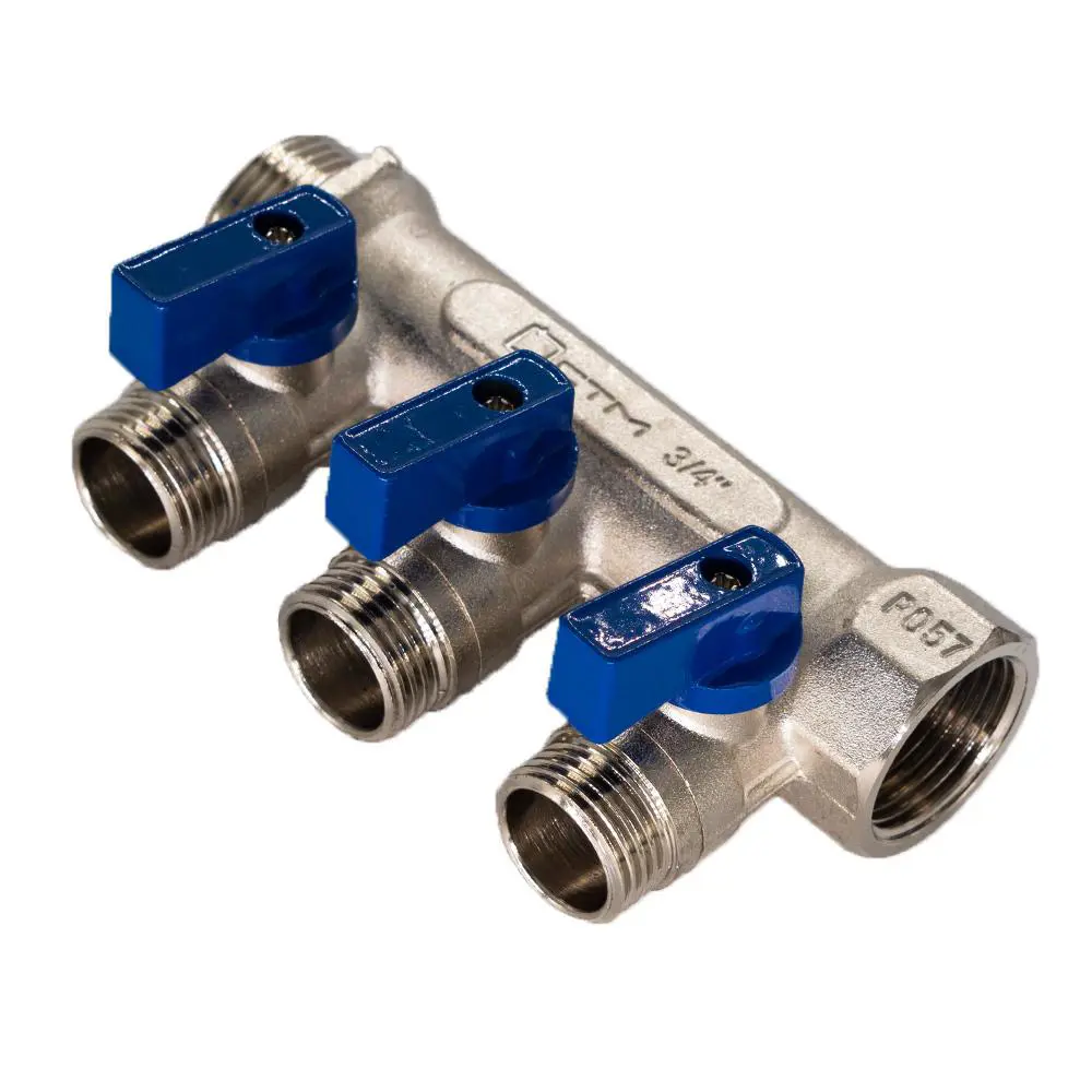 Изображение товара Коллектор 3 выхода с шаровыми кранами 3/4"х1/2" никелированный СТМ для воды отопления