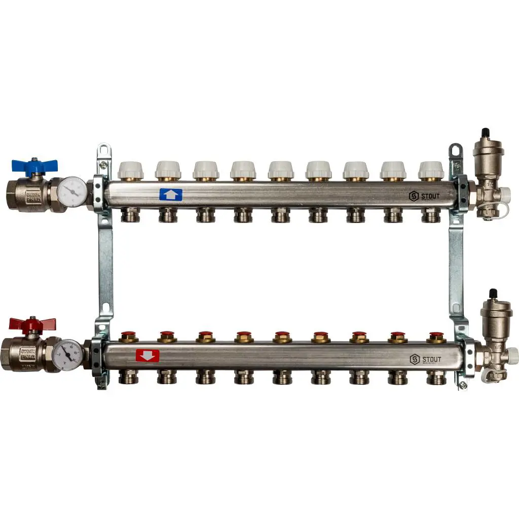 Изображение товара Коллектор Stout на 9 выходов 3/4"x3/4" нержавеющая сталь