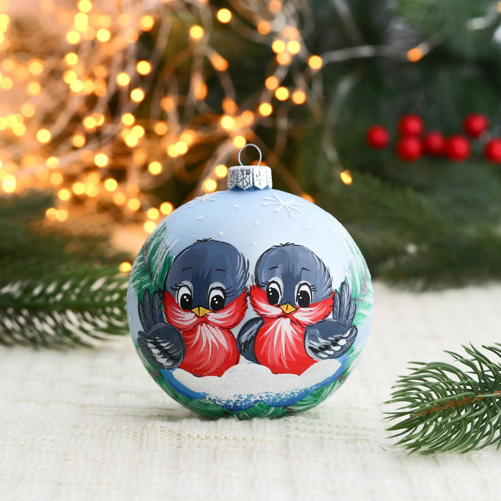 Изображение товара Елочный шар Винтажный шар 7077107 Два птенчика 10 см стекло синий