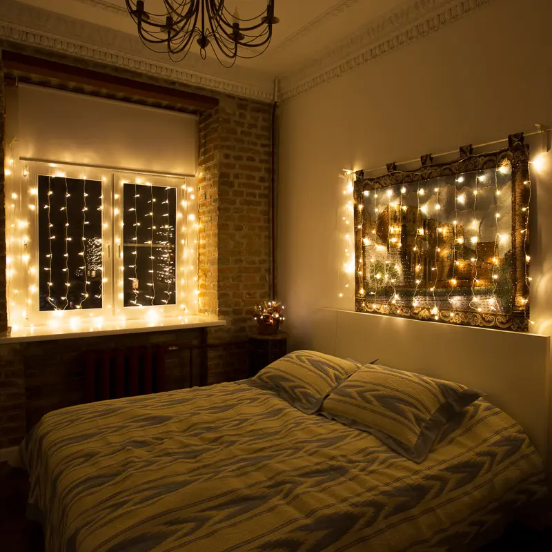 Изображение товара Электрогирлянда комнатная занавес 1.5х1м 96 ламп теплый белый свет 8 режимов работы