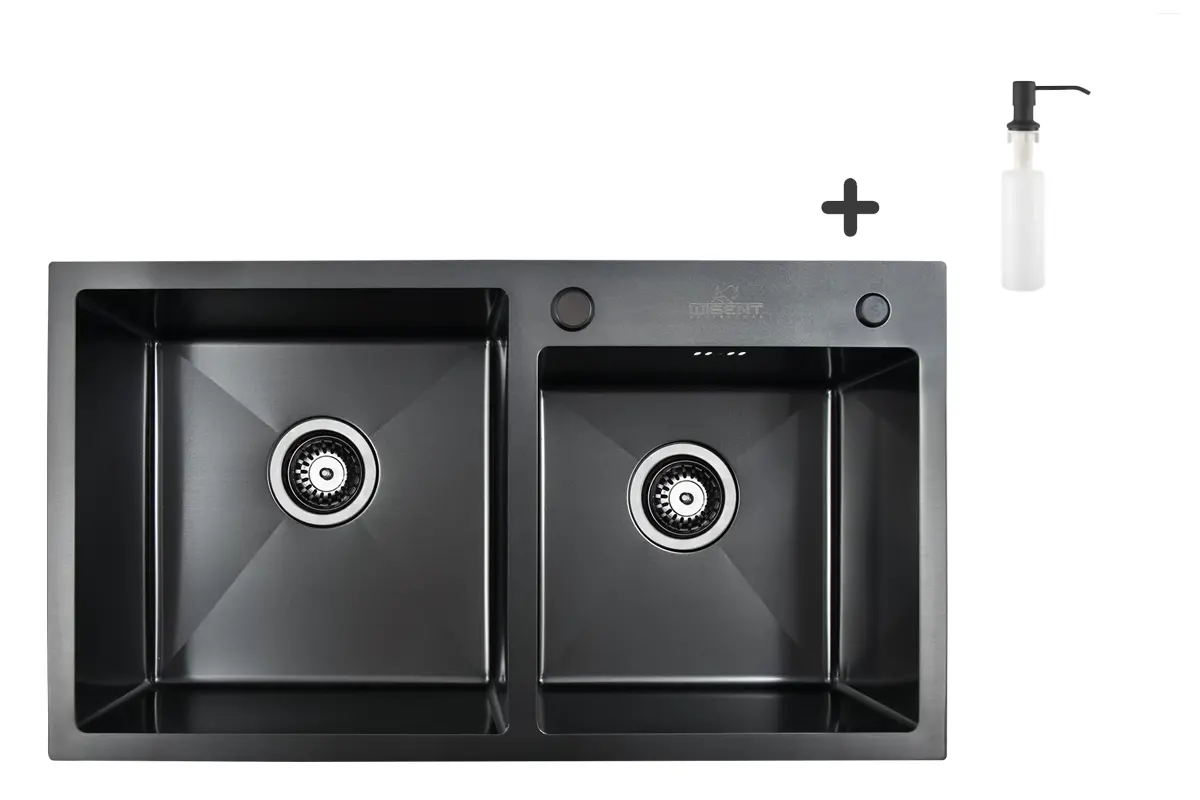 Изображение товара Мойка для кухни двойная нержавеющая 78x43 Wisent графит с дозатором WGS37843B-S/W405B/WGER011